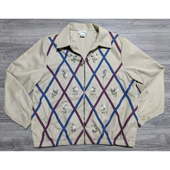 Alfred Dunner Jackets & Blazers - Alfred Dunner Jacket Adult Size 14 Tan Retro Bomber Zip Floral Vintage Womens